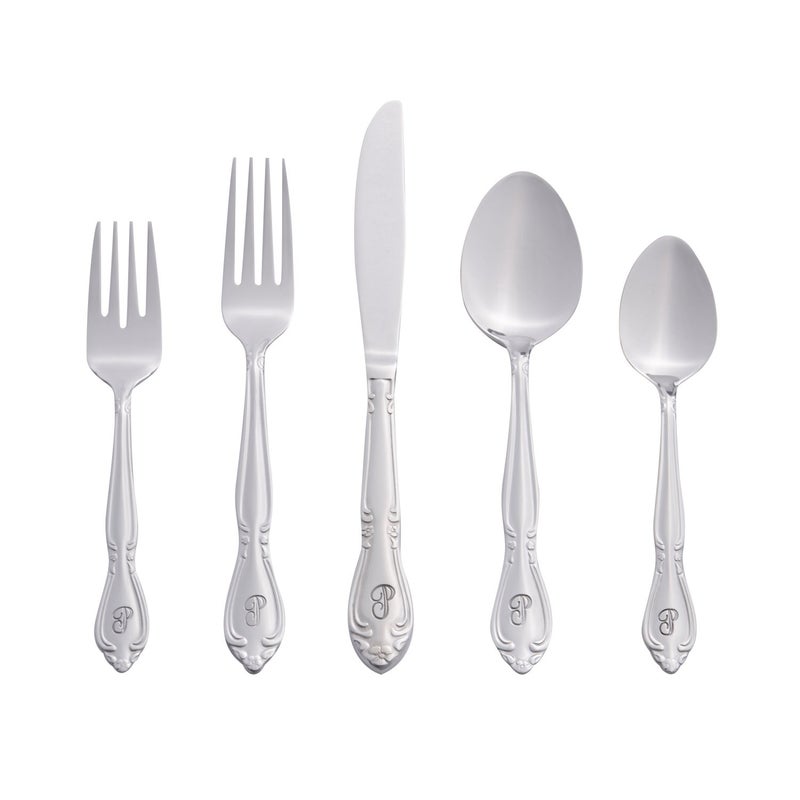 RiverRidge Rose Monogrammed Flatware Set 46 Piece Silverware - P - Utensils Set with Serving Pieces, Heavy Gauge Stainless Steel, Mirror Finish, Dishwasher Safe Cutlery for Daily Use - Image 1